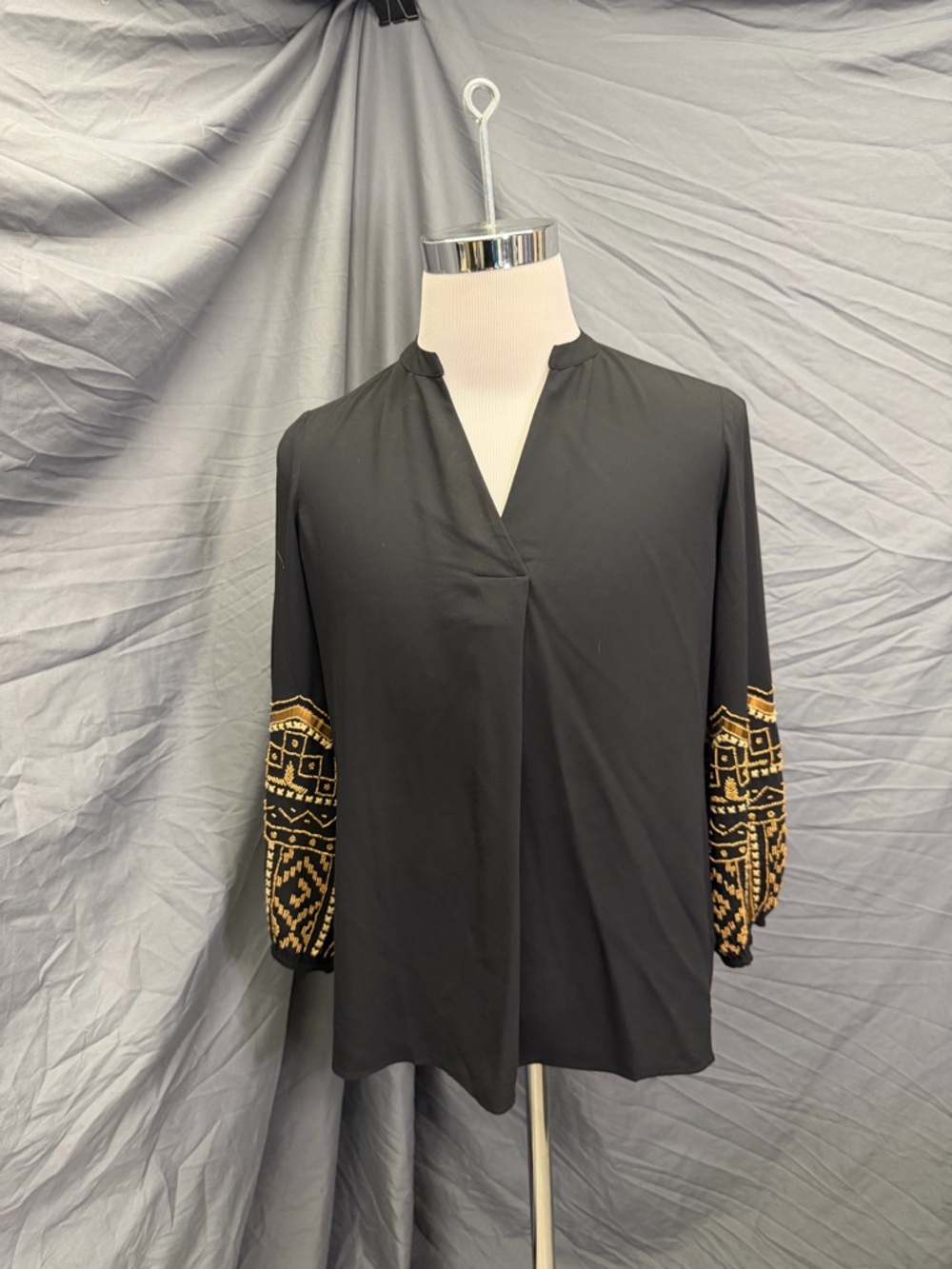 Chico's Black Blouse with Gold Beaded and Embroidered Sleeves, size 1 (8-10)